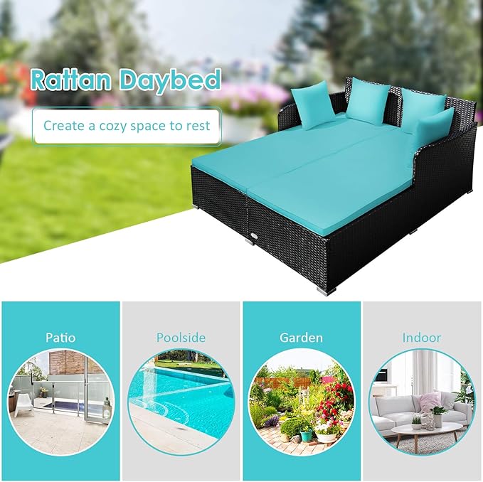 Tangkula Outdoor Rattan Daybed Sunbed Wicker Furniture w/Spacious Seat Upholstered Cushion &amp High-Resilience Sponge Wicker Patio Sofa Set w/Extra Pillows for Courtyard Poolside(Turquoise)