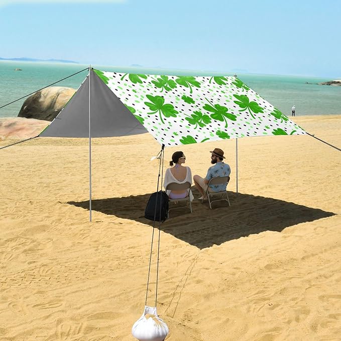 Beach Canopy with Windproof Ropes &amp Sandbags Beach Tent Sun Shade Sun Shelter for Camping Trips Fishing Backyard Fun or Picnics St. Patrick's Day Clover