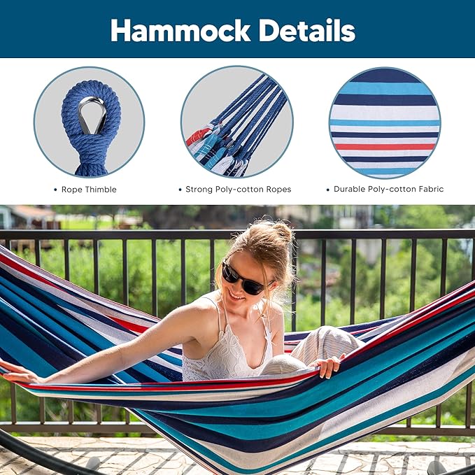 SUNCREAT Hammocks for Outside with Stand Porch Hammock and Stand 475 lbs Capacity Blue &amp Red Stripes