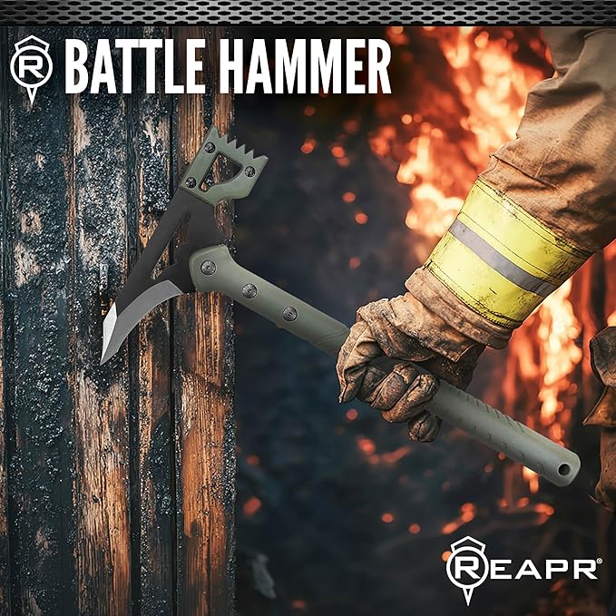REAPR Battle Hammer – 15¾″ Fixed‑Head Hammer Axe with 3¼″ Cutting Blade Spike End &amp Nylon Handle with MOLLE-Compatible Sheath Ideal Demolition &amp Tactical Use