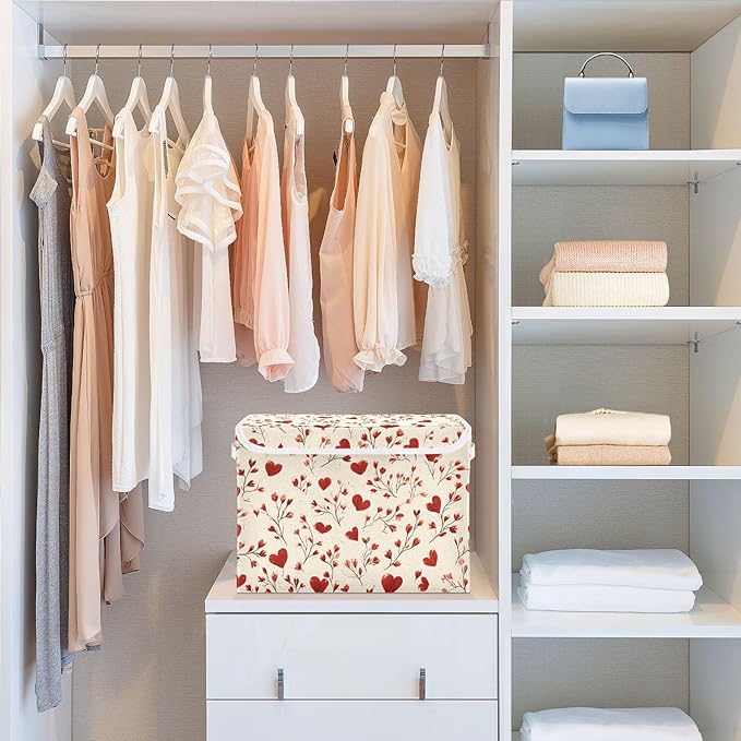 Valentine Hearts Flowers Beige Storage Box with Lid 1 PC Foldable Storage Bin with Lids Stackable Storage Bins Cube Closet Organizer Basket with Flip-Top Lid &amp Handles for Shoes Books Towels