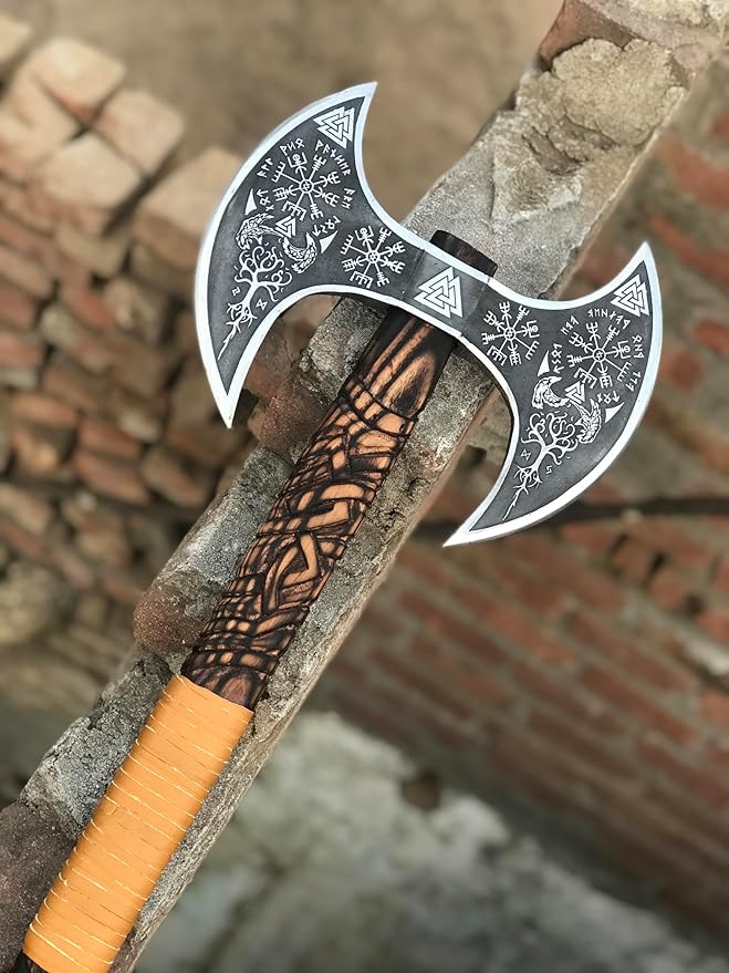 Medieval Viking Double Headed Axe – Double Sided Axe - Full Engraved Beautiful BattleVikings Twin Blades Authentic Two Sided Hatchet Norse Berserker Ax Carved Shaft with Leather Sheath