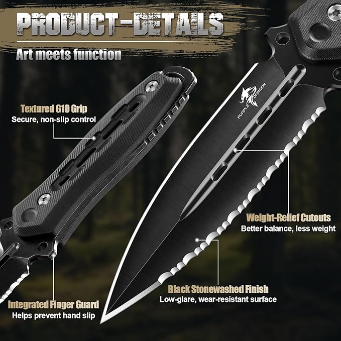 Purple Dragon Fixed Blade Knife with Kydex Sheath440C Steel Full Tang Outdoor Utility Knife with G10 Handle for Camping HikingBushcraft &amp Outdoor Use-Black