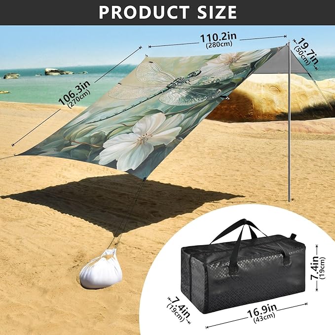 ALAZA Green Dragonfly White Flowers Beach Tent Sun Shelter Portable Canopy Sunshade for Outdoor Camping Picnics Backyard Fun 10x9 ft