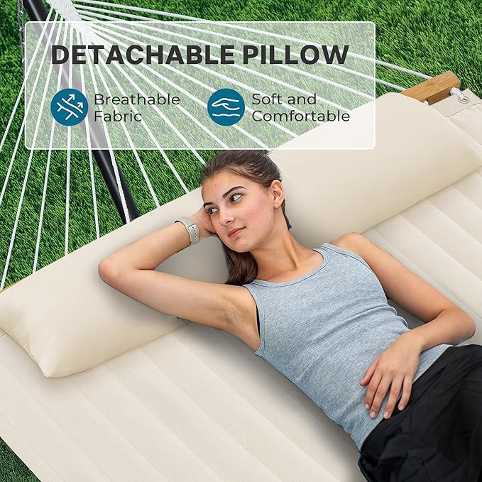 SUPERJARE Hammock with Stand 2 Person Quilted Outdoor Hammock Detachable Pillow &amp Bamboo Spreaders Portable Hammock with Carrying Bag Heavy Duty Stand Perfect for Outside Patio Cream Beige