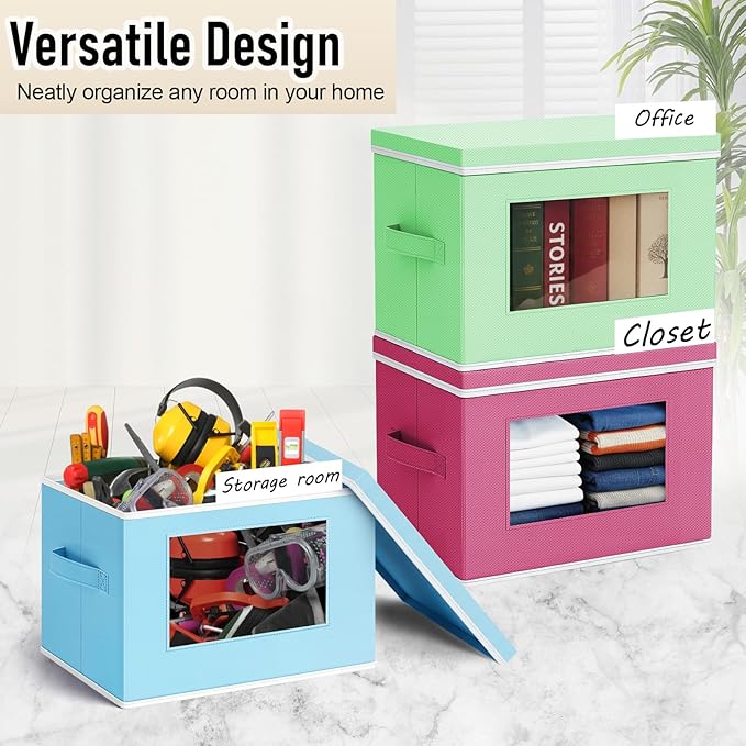 Threehoney 10 Pcs Fabric Storage Cubes with Lids and Clear Windows 14x10 Inch Foldable Closet Organizer Bins Aesthetic Pastel Storage Bins for Shelves Dorm Essentials Craft &amp Office Organization