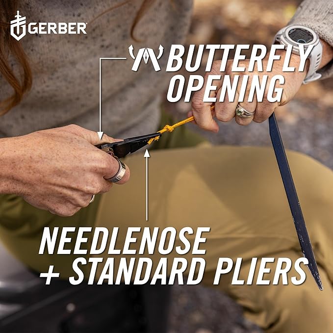 Gerber Gear Stakeout Spark - Multi-Tool Folding Knife for Backpacking Survival Camping Outdoor - Pocket Tool w/Bottle Opener Tent Stake Puller Scissors Tweezers - Coyote Brown