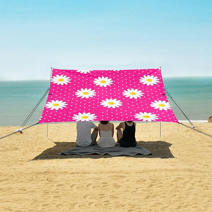 Beach Canopy with Windproof Ropes &amp Sandbags Beach Tent Sun Shade Sun Shelter for Camping Trips Fishing Backyard Fun or Picnics Daisy