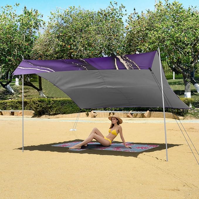 Beach Canopy with Windproof Ropes &amp Sandbags Beach Tent Sun Shade Sun Shelter for Camping Trips Fishing Backyard Fun or Picnics Purple Texture