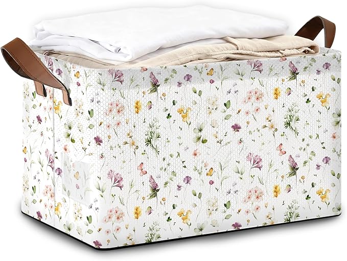 32L Large Storage Bins with Handles Basket Organizer for Shelves Closet Books Laundry &amp Home Decor (Meadow Flower)