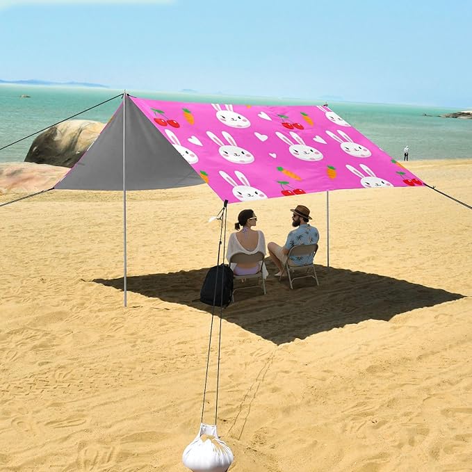 Beach Canopy with Windproof Ropes &amp Sandbags Beach Tent Sun Shade Sun Shelter for Camping Trips Fishing Backyard Fun or Picnics Bunny