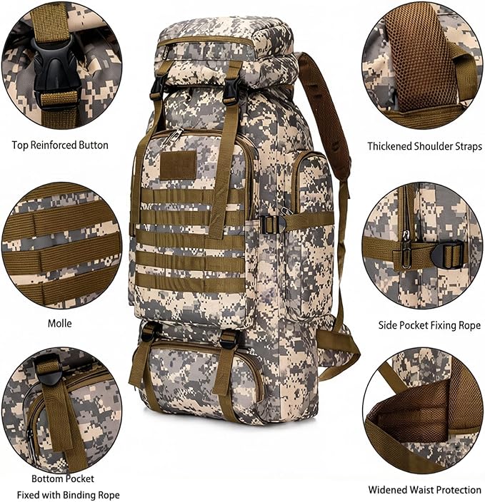 80L Camping Hiking BackpackMolle Military Tactical Rucksack BackpackWaterproof Lightweight Hiking Backpack for Outdoor (City Camo 80L)