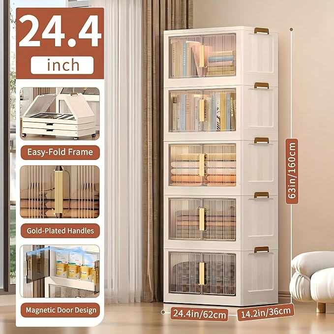 Storage Bins with Lids 5 Tier 300 QT Stackable Plastic Storage Bins Foldable Storages Boxes with Magnetic Doors and Wheels for Clothes Snacks Books Folding Containers for Home Office