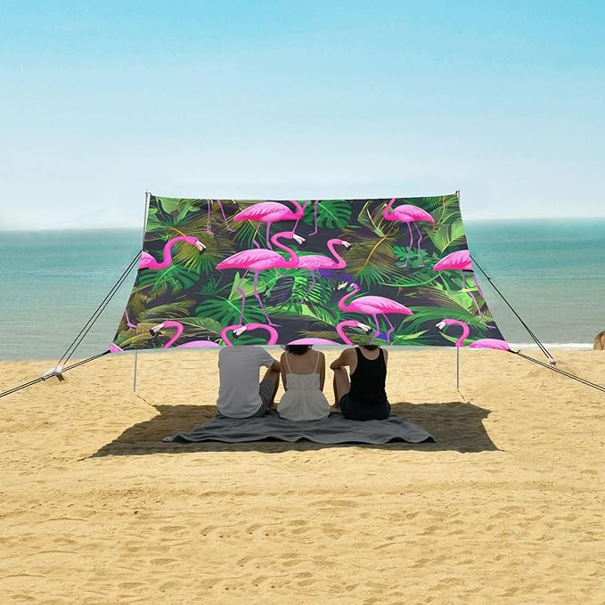 xigua Flamingos Beach Tent Sun Shelter with Carrying Bag - Silver Coated Oxford Fabric Beach Canopy for Beach Camping Fishing - Includes Windproof Ropes Sandbags &amp Stakes