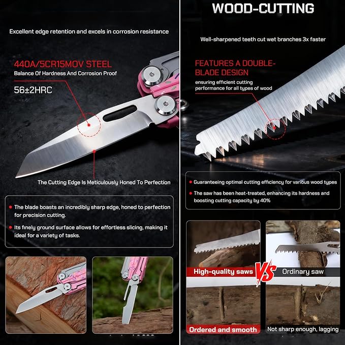 Multitool 15-in-1 Full-Size Lightweight EDC Multi-Purpose Pliers Nylon Bag Camping Knives &amp Tools Tactical Outdoor Gear Mens Gifts Ideas Gifts for Hunters Men who have Everything (Pink)