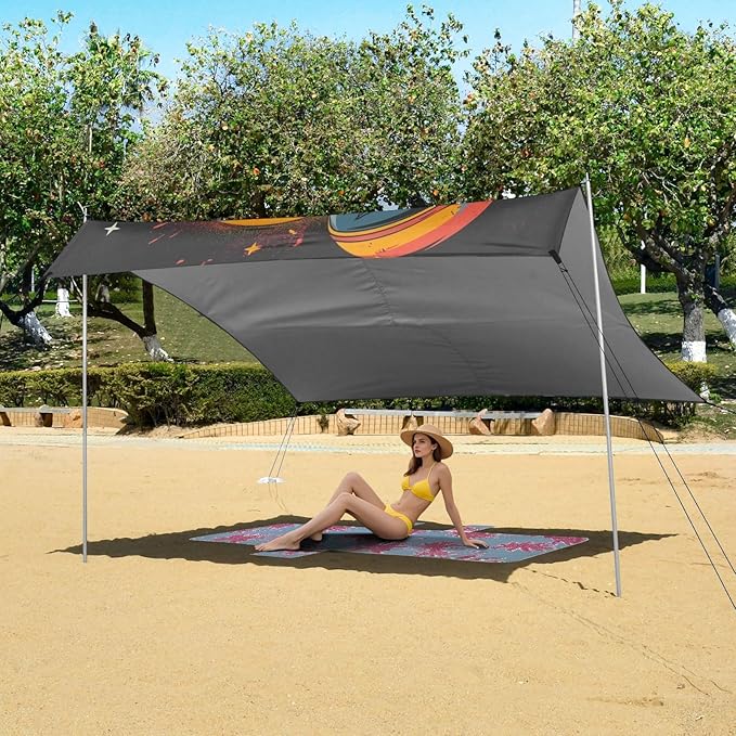 ALAZA Cat Kitten Astronaut Skateboard Beach Tent Sun Shelter UPF50+ Protection Beach Shade Canopy w/ 4 Sandbags for Outdoor Camping Fishing Backyard Fun Picnic 10x9 ft