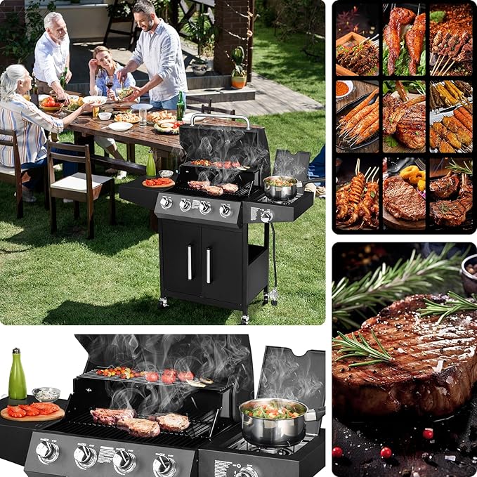Bonnlo 4 Burner Propane Grills with Side Burner and Porcelain-Enameled Grates 58000BTU Gas Grill with Side Shelf and Portable Rolling Wheels Grill for Outdoor Cooking BBQ Patio Backyard