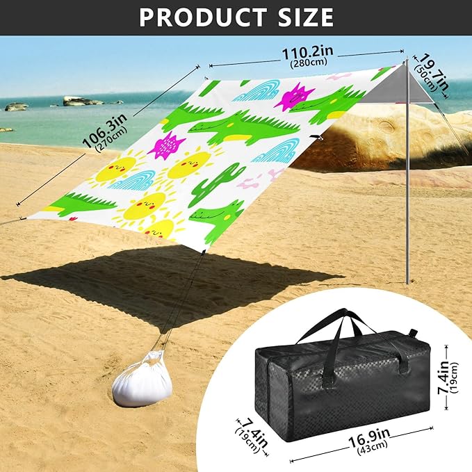 xigua Crocodiles Beach Tent Sun Shelter with Carrying Bag - Silver Coated Oxford Fabric Beach Canopy for Beach Camping Fishing - Includes Windproof Ropes Sandbags &amp Stakes