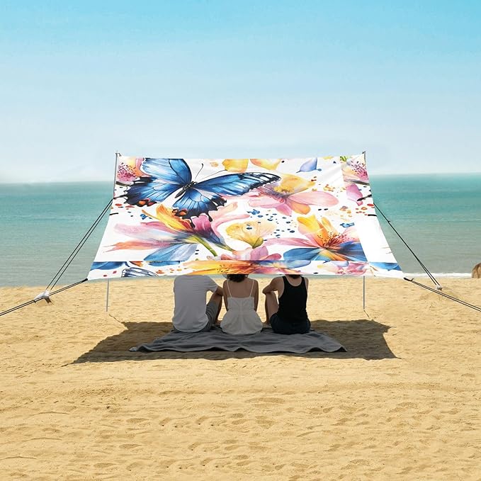ALAZA Butterfly Colorful Iris Flowers Beach Tent Sun Shelter UPF50+ Protection Beach Shade Canopy w/ 4 Sandbags for Outdoor Camping Fishing Backyard Fun Picnic 10x9 ft