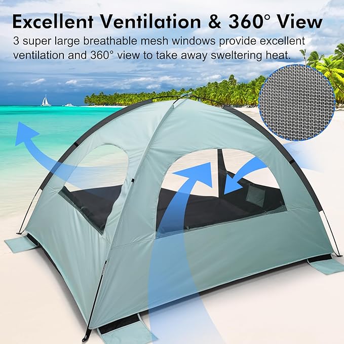 WhiteFang Beach Tent Anti-UV Portable Sun Shade Shelter for 3/4/6/8 Person Extendable Floor with 3 Ventilating Mesh Windows Plus Carrying Bag Stakes and Guy Lines