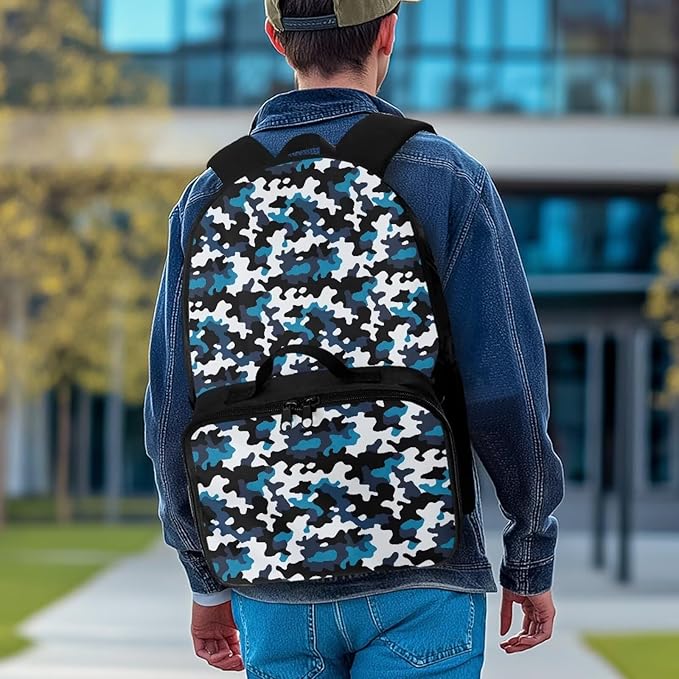 Blue Camouflage Backpack for Men 17 Inch Bookbag with Lunch Box Large Capacity School Bag with Adjustable Shoulder Strap for Outdoor Travel Satchel Bag