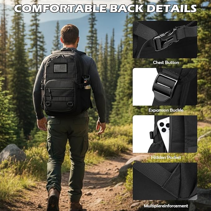 25L Military Tactical Backpack - Molle Army 3 Days Assault Pack Out Bag Hiking Rucksack Black