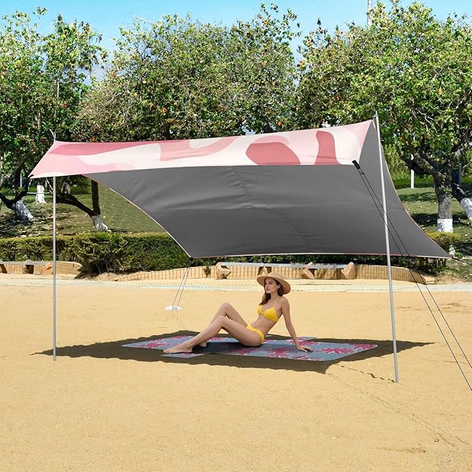 Rose Pink Stable Beach Tent UPF50+ Protection Water-Resistant Large Sun Shelter with Sand Shovel Sandbags for Backyard and Camping
