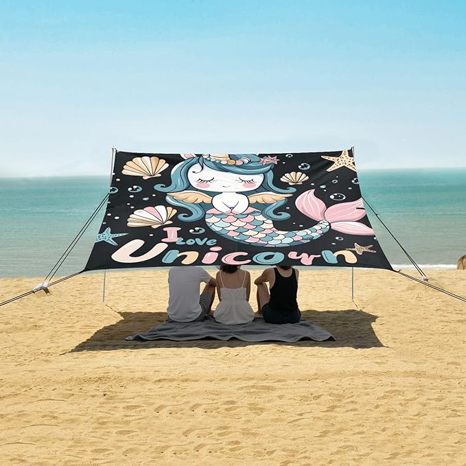 ALAZA Cute Unicorn Mermaid Beach Tent Sun Shelter Portable Canopy Sunshade for Outdoor Camping Picnics Backyard Fun 10x9 ft