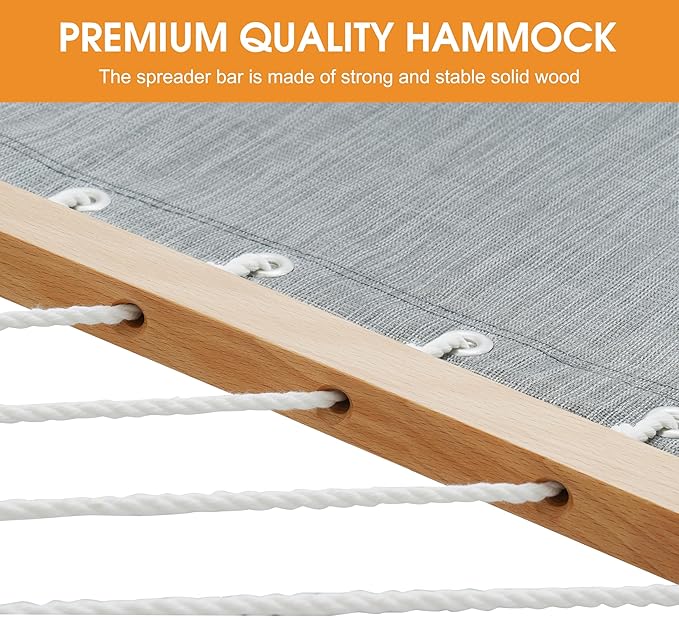 Lazy Daze Hammocks 11 FT Double Outside Hammock Quick Dry Olefin Fabric Hammock with Spreader Bar &amp Side Pocket for Outdoor Poolside Backyard 450 lbs Capacity Grey