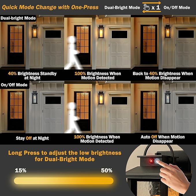 2 Pack Motion Sensor Outdoor Lights Matte Black Dusk to Dawn Porch Lights Outdoor Light Fixture with Water Glass 3 Lighting Modes Exterior Lighting Fixtures Waterproof Outside Light for House