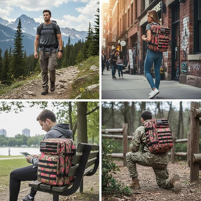 45L Military Tactical Backpack for Men &amp Women Bug Out Bag Assault pack Molle Daypack Hiking Trekking Rucksack(Camouflage Pink)