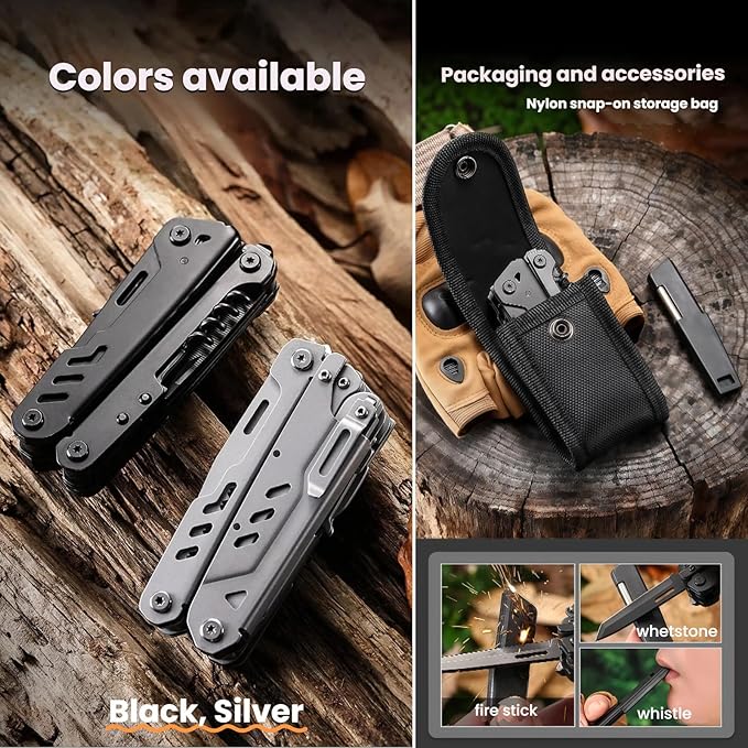 Multi Tool 16-in-1 Full-Size Lightweight EDC Camping Essentials Multi-Purpose Pliers Tools Knives Nylon Bag Tactical Gear Mens Gifts Ideas Gifts for Hunters Men who have Everything Silver
