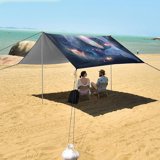 ALAZA Rainbow Whale Dreamy Beach Tent Sun Shelter UPF50+ Protection Beach Shade Canopy w/ 4 Sandbags for Outdoor Camping Fishing Backyard Fun Picnic 10x9 ft