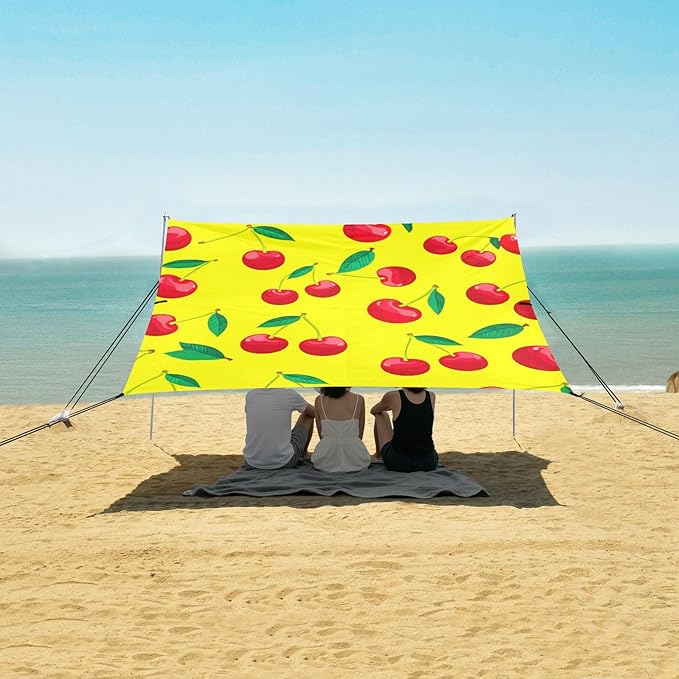 Beach Canopy with Windproof Ropes &amp Sandbags Beach Tent Sun Shade Sun Shelter for Camping Trips Fishing Backyard Fun or Picnics Red Cherries