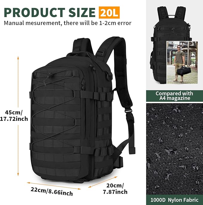 G-raphy Tactical Backpack 20L Small Military Rucksack Daypack Molle Army Work Bag Motorcycle Backpacks for Men Women Camping Cycling Travelling Hiking Sports Outdoors (Black-2)