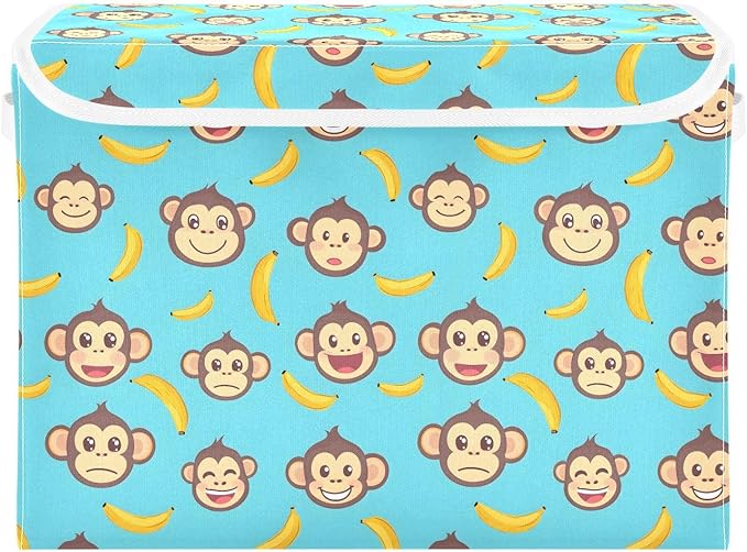 MNSRUU Containers Baskets with Lids Banana Monkey Face Blue Foldable Storage Bins Organizer with Lid Collapsible Storage Boxes for Home Bedroom Closet Office