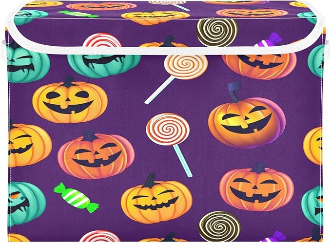 Halloween Storage Baskets with Lids Colorful Halloween Pumpkin Collapsible Bins Stackable Fabric Linen Baskets Closet Organizer Container 16.5x12.6x11.8
