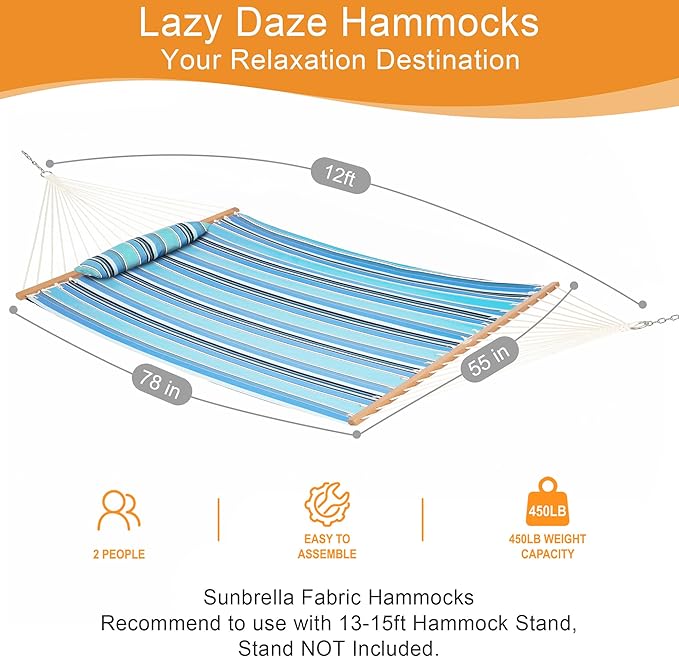 Lazy Daze Hammocks 12 FT Sunbrella Fabric Hammock not Fading with Spreader Bars and Free Pillow Fits for 2 Persons All Weather and Fade Resistant for Patio Yard 450 lbs Capacity Dolce Oasis