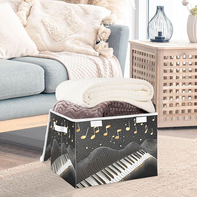Foldable Storage Bin Basket with Lid - Piano Keys Gold Music Notes Large Collapsible Storage Box Organizer for Home Office &amp Books Clothes Storage 16.5x12.6x11.8