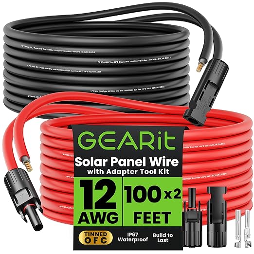 GEARit 12 Gauge Solar Panel Extension Cable 100 Ft Each(200 Feet Total) with MC4 Male to Female Connectors Tool Kit 12 AWG OFC Solar Panel Cord for RVMarineOff-GridCamping &amp Home Backup