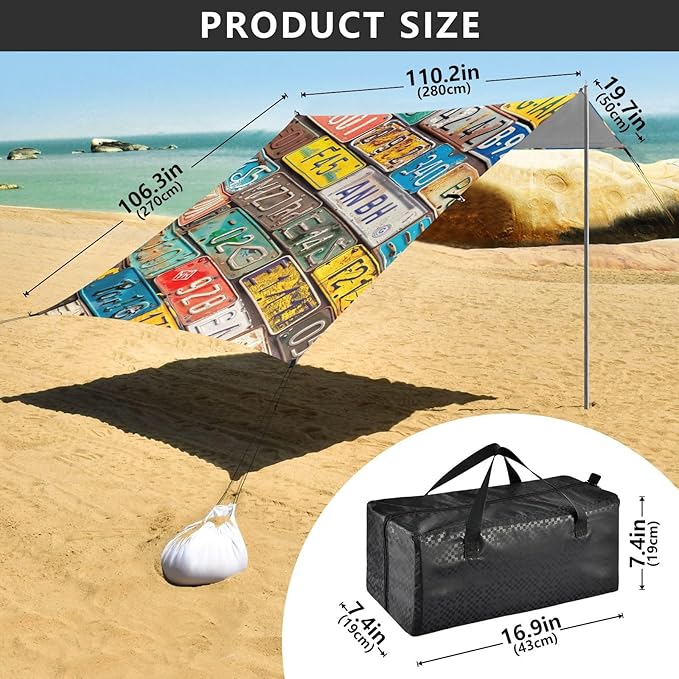 ALAZA Various License Plates Beach Tent Sun Shelter Portable Canopy Sunshade for Outdoor Camping Picnics Backyard Fun 10x9 ft