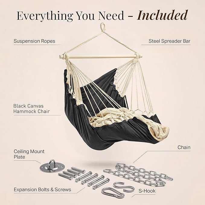 Hanging Hammock Chair Swing – Hanging Chair Outdoor &amp Indoor - Hammock Swing Chair – Quick &amp Easy Setup with Hardware Kit – Durable &amp Spacious Full Body Support – Holds 440 Lbs