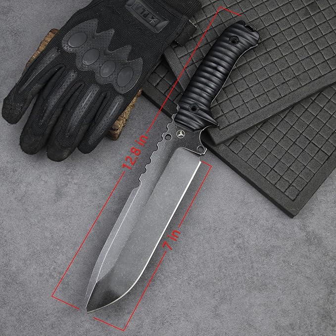 LENGREN【Eggplant 12.8 Inches 7MM THK Full Tang Heavy Fixed Blade Multifunctional Tactical Knife Drop Point DC53 Steel Kydex Sheath For Camping Hiking Hunting (Black)