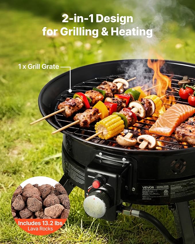 VEVOR Propane Fire Pit 24-Inch 53000 BTU Portable Gas Fire Pit with Grill Grate &amp Lava Rocks Adjustable Flame Folding LegsSmokeless Outdoor Firebowl for Camping Patio Backyard Deck RV B