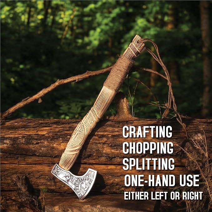Hand Forged Viking Axe and Knife Set with Leather Sheaths - Carbon Steel Bearded Viking Hatchet Carved Wooden Handle Throwing Axe for Camping Survival Bushcraft Splitting Chopping &amp Hiking