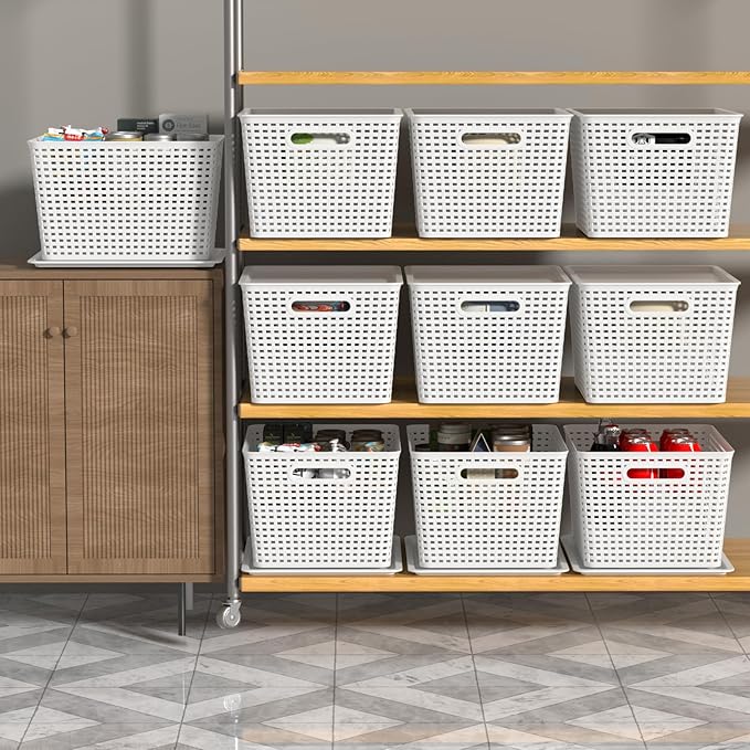 Begale White Plastic Storage Baskets with Lids 14 x 11.6 x 8.7 6 Packs Stackable Storage Bins Containers for Organizing