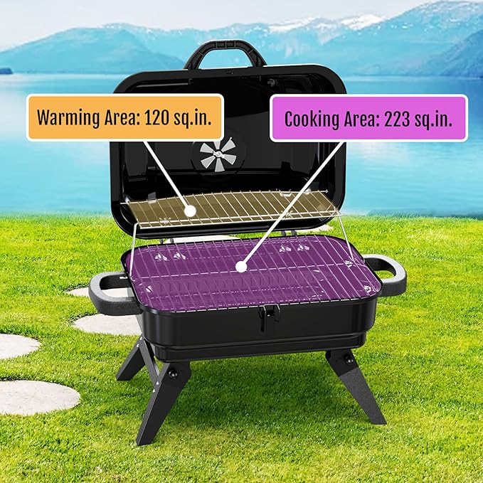 BBQCuker Portable Charcoal Grill with Warming Rack Small Tabletop Barbecue Grill Foldable Legs Adjustable Vent Total 343 Sq. In.Cooking Space Outdoor BBQ Grill for Camping and Picnics (Black)