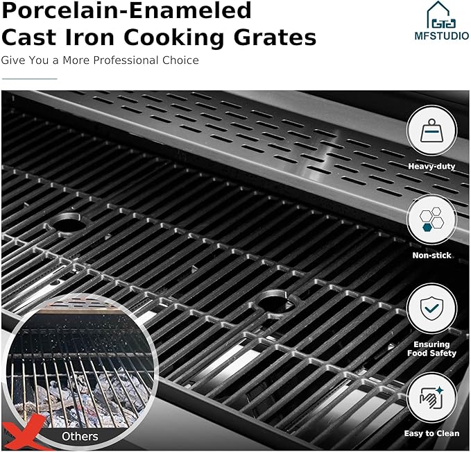 MFSTUDIO 6-Burner Propane Gas Grill Stainless Steel BBQ Grill with Side Burner and Porcelain-Enameled Cast Iron Grates High Output Gas BBQ Grills for Barbeque and Outdoor Cooking