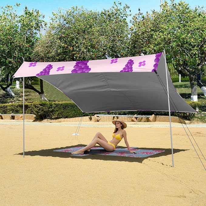 Beach Canopy with Windproof Ropes &amp Sandbags Beach Tent Sun Shade Sun Shelter for Camping Trips Fishing Backyard Fun or Picnics Grape