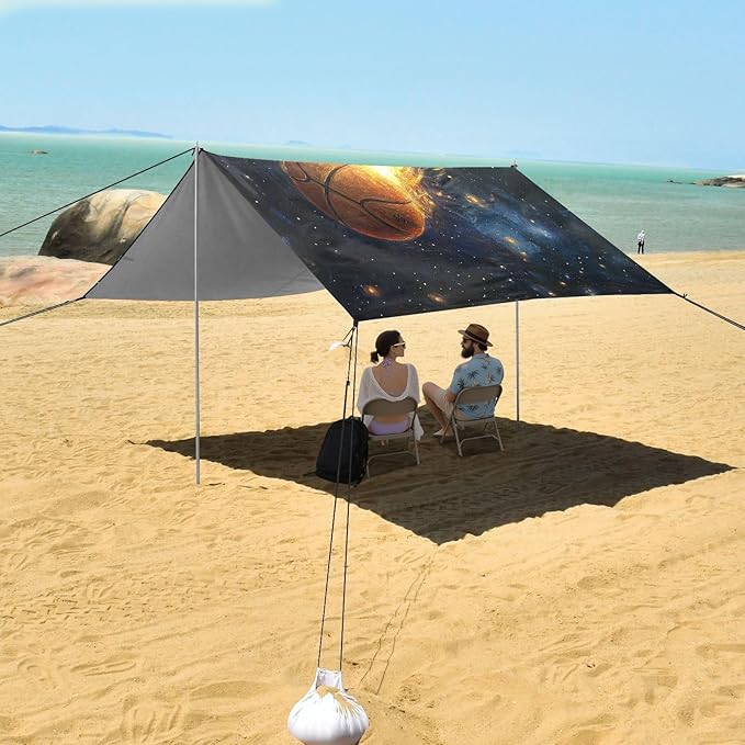 ALAZA Firing Basketball Starry Sky Beach Tent Sun Shelter UPF50+ Protection Beach Shade Canopy w/ 4 Sandbags for Outdoor Camping Fishing Backyard Fun Picnic 10x9 ft